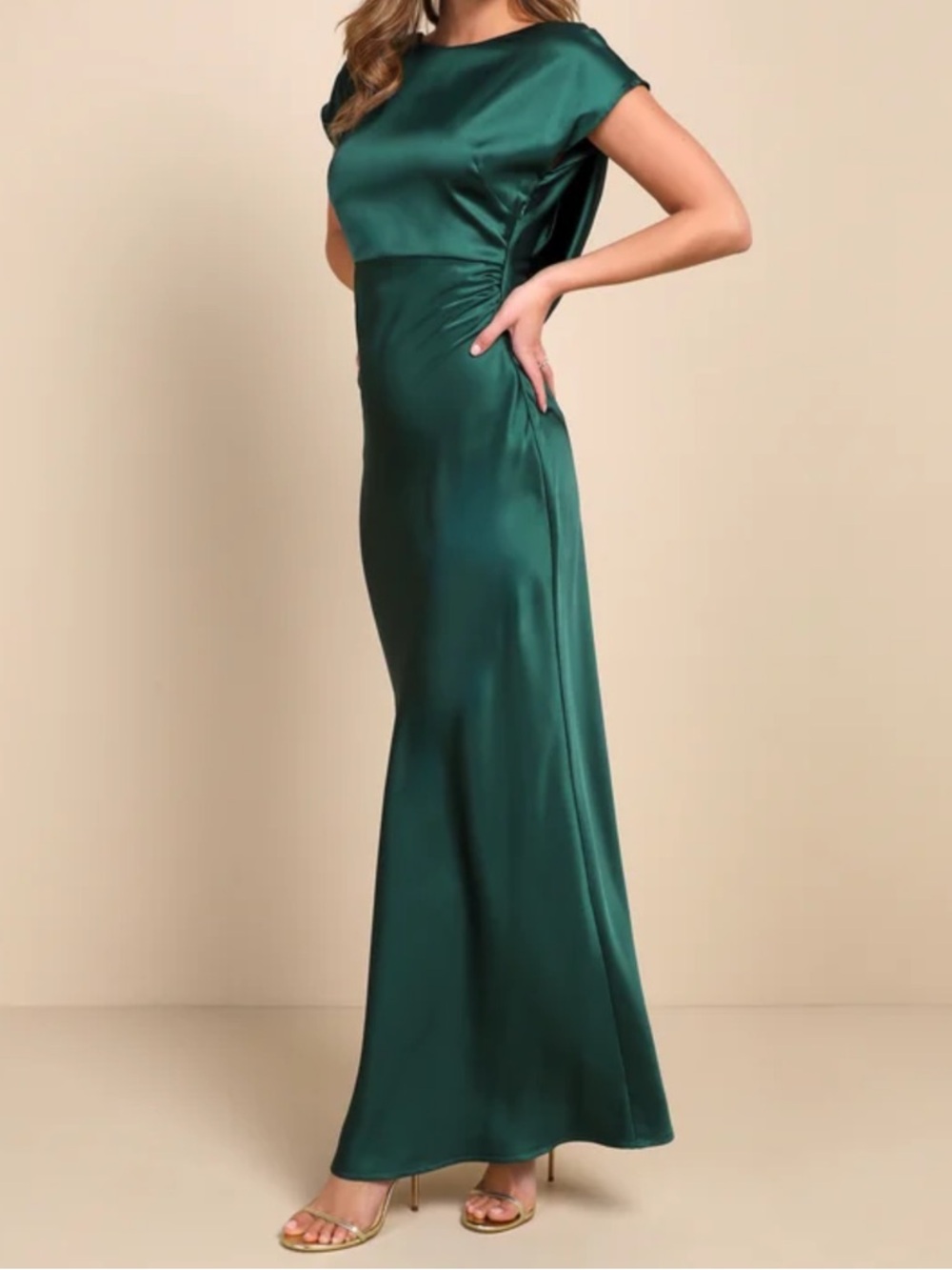 Lulu's Captivating Presence Forest Green Satin Cowl Back Maxi Dress Cap Sleeves